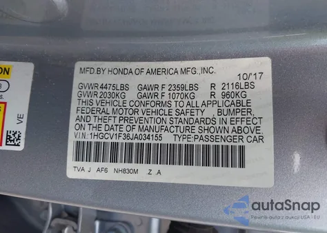 2018 Honda Accord Sport z USA, uszkodzony, nr VIN 1HGCV1F36JA034155